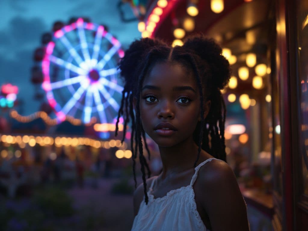 Cinematic African girl in a white dress (5 years old, blue eyes), standing in a retro-style amusement park, evening, lots of lights, mysterious atmosphere, a combination of retro style and noir