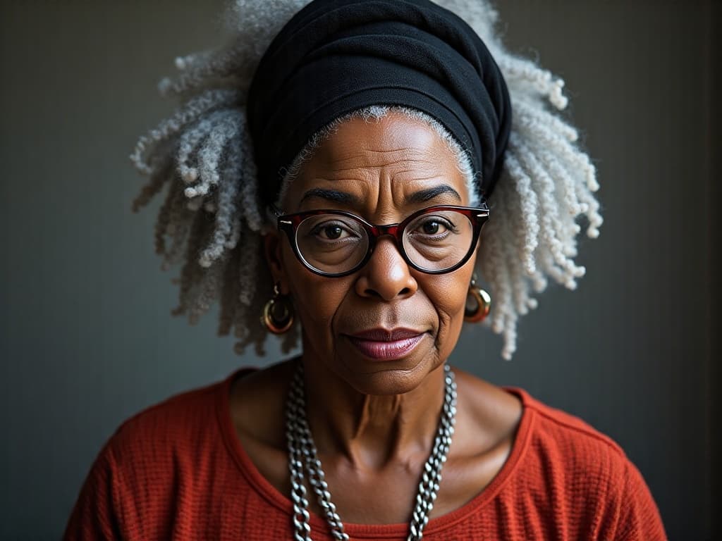 8k photorealistic image of an older black skin grandmother with wrinkles, beautiful silver white dread locks in black head wrap , round rim glasses, different angles, character sheets, with the Afro Hair style