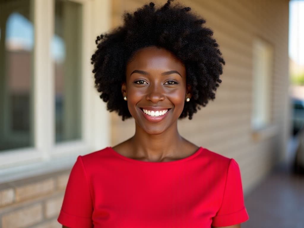 Photography of styled Afro Hair, style well dressed woman from America png with a red shirt and beautiful smile