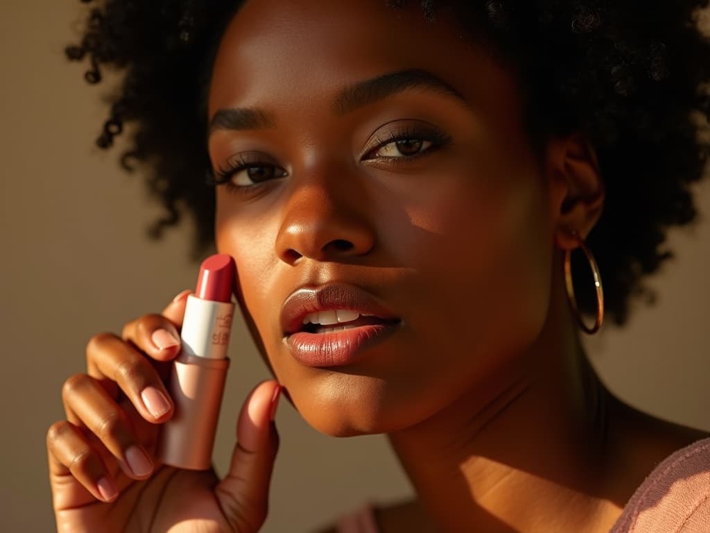 Scene & Framing • 9:16 vertical beauty close-up of the  an Afro American Modern Woman model, angled slightly three-quarter so we see cheek, eye, and lips. • The iljé Morning Dew blush stick remains hero: held at mid-cheek, logo fully legible, balm gently touching skin. • Tight crop--just enough negative space around product to breathe. Lighting & Mood • Replace cool studio key with a single warm, late-afternoon bounce--think golden-hour window light. • Use a subtle fill reflector to soften shadows, but keep micro-contrast so pores, soft peach-fuzz, and natural sheen all show. • Overall tone: sun-kissed, elegant, intimate