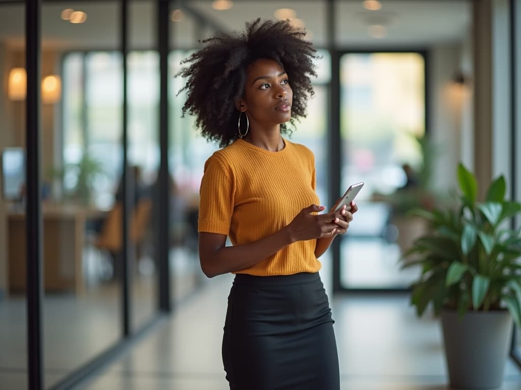 12k Business Afro American Modern Woman, office, tight skirt, skinny fit summer knit shirts, talk on smartphone, walking, coffee