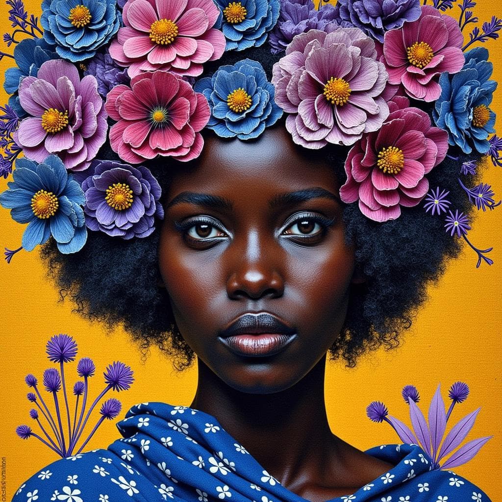 Bayeux Tapestry and patchwork of a black Woman's face, finish of africa's floral millefleurs decoupage in face, lavender and indigo, double exposure, simple line draw with the style of Ancient Africans