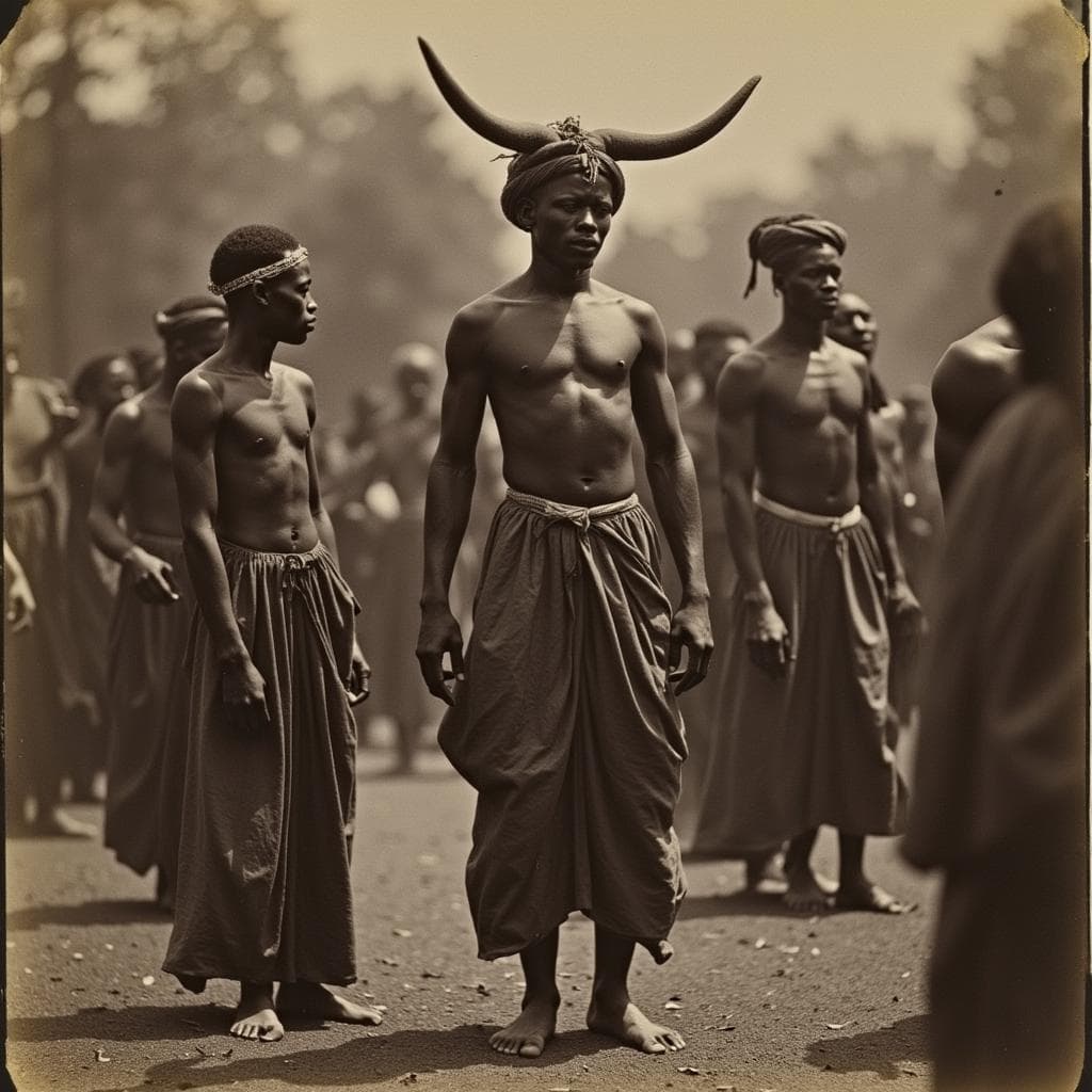 8K old photography of Africans dancers (egwi, eland, elko; 1900), in the style of fujifilm neopan, brooding mood, historical documentation, manticore, detailed crowd scenes, fine feather details, quiet contemplation with the style of Ancient Africans